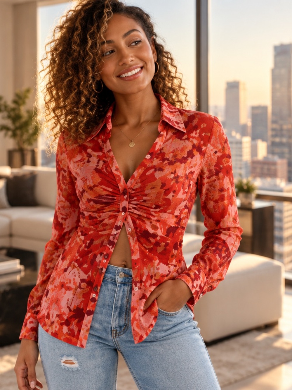 Free People Floral Ruched Mesh Button Down “Lucky Shirtee” Flattering Fit. Sz XL